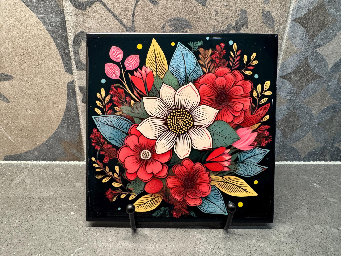 SIX DESIGNS! Colorful Floral Ceramic Tile Trivet/Coaster – 6x6 Handmade Mother’s Day Kitchen Decor, Gift for Flower Lovers, Made in USA