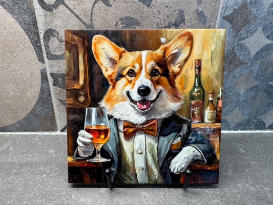 Corgi in a Suit Drinking Whiskey Ceramic Tile Trivet/Coaster – 6x6 Handmade Funny Dog Decor, Gift for Corgi Lovers, Made in USA