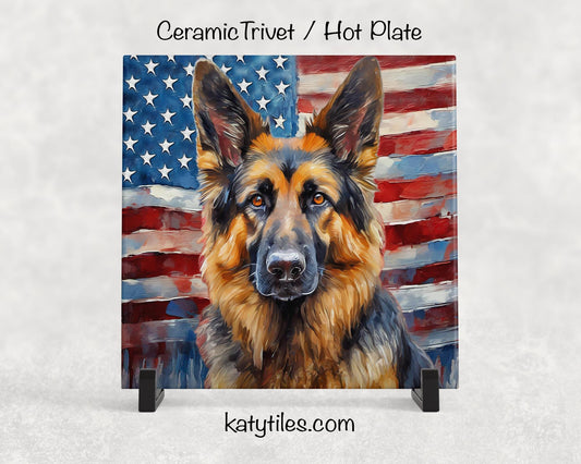 German Shepherd with American Flag Ceramic Tile Trivet/Coaster – 6x6 Handmade Patriotic Dog Decor, Gift for Dog Lovers, Made in USA
