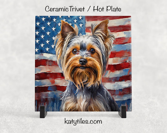 Yorkie with American Flag Ceramic Tile Trivet/Coaster – 6x6 Handmade Patriotic Dog Decor, Gift for Dog Lovers, Made in USA