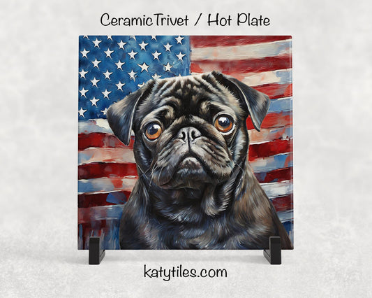Black Pug with American Flag Ceramic Tile Trivet/Coaster – 6x6 Handmade Patriotic Dog Decor, Gift for Dog Lovers, Made in USA
