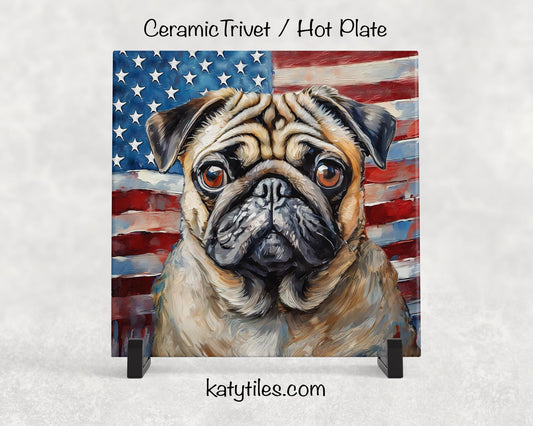 Pug with American Flag Ceramic Tile Trivet/Coaster – 6x6 Handmade Patriotic Dog Decor, Gift for Dog Lovers, Made in USA