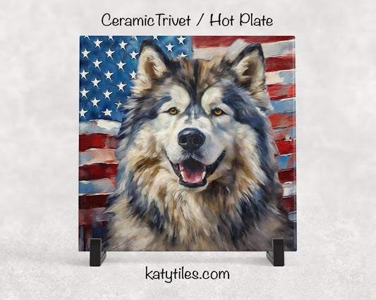 Alaskan Malamute with American Flag Ceramic Tile Trivet/Coaster – 6x6 Handmade Patriotic Dog Decor, Gift for Dog Lovers, Made in USA