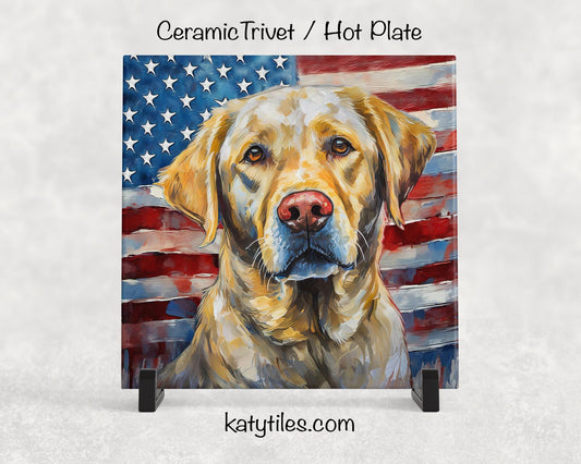 3 Fur Colors! Lab with American Flag Ceramic Tile Trivet/Coaster – 6x6 Handmade Patriotic Dog Decor, Gift for Dog Lovers, Made in USA