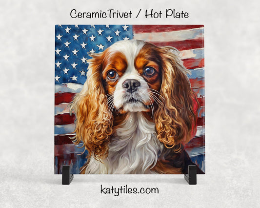 King Charles Spaniel with American Flag Ceramic Tile Trivet/Coaster – 6x6 Handmade Patriotic Dog Decor, Gift for Dog Lovers, Made in USA