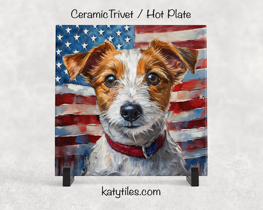 Jack Russell Terrier with American Flag Ceramic Tile Trivet/Coaster – 6x6 Handmade Patriotic Dog Decor, Gift for Dog Lovers, Made in USA