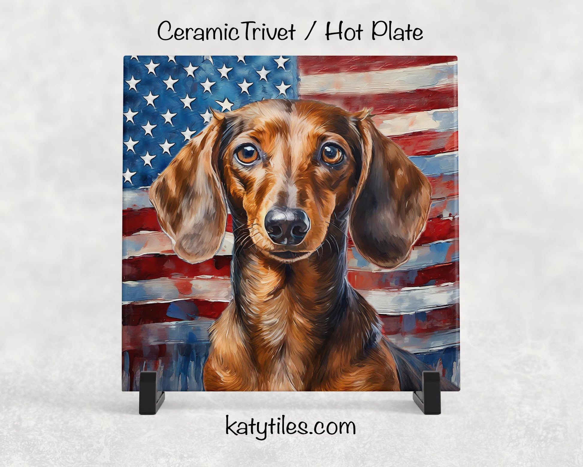 Two Fur Colors! Dachshund with American Flag Ceramic Tile Trivet/Coaster–6x6 Handmade Patriotic Dog Decor, Gift for Dog Lovers, Made in USA