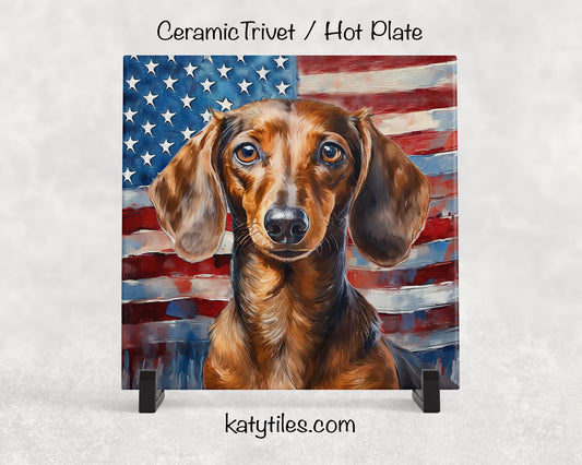 Two Fur Colors! Dachshund with American Flag Ceramic Tile Trivet/Coaster–6x6 Handmade Patriotic Dog Decor, Gift for Dog Lovers, Made in USA