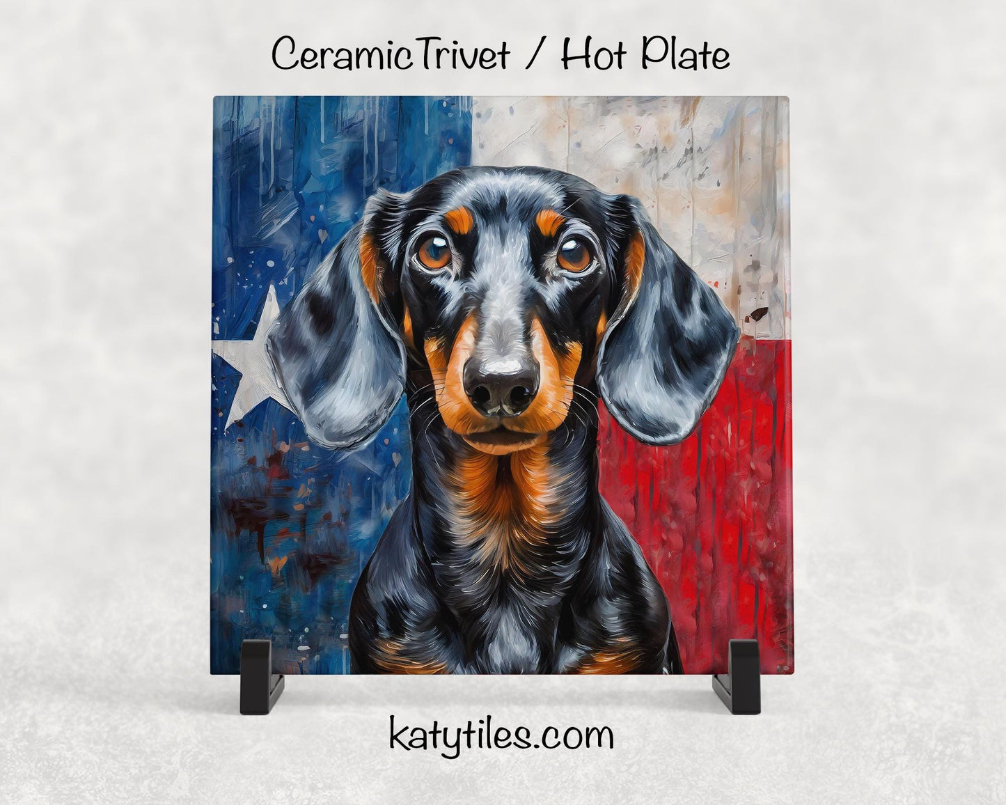 Two Fur Colors! Dachshund with Texas Flag Ceramic Tile Trivet/Coaster– 6x6 Handmade Texas Dog Decor, Gift for Wiener Dog Lovers, Made in USA