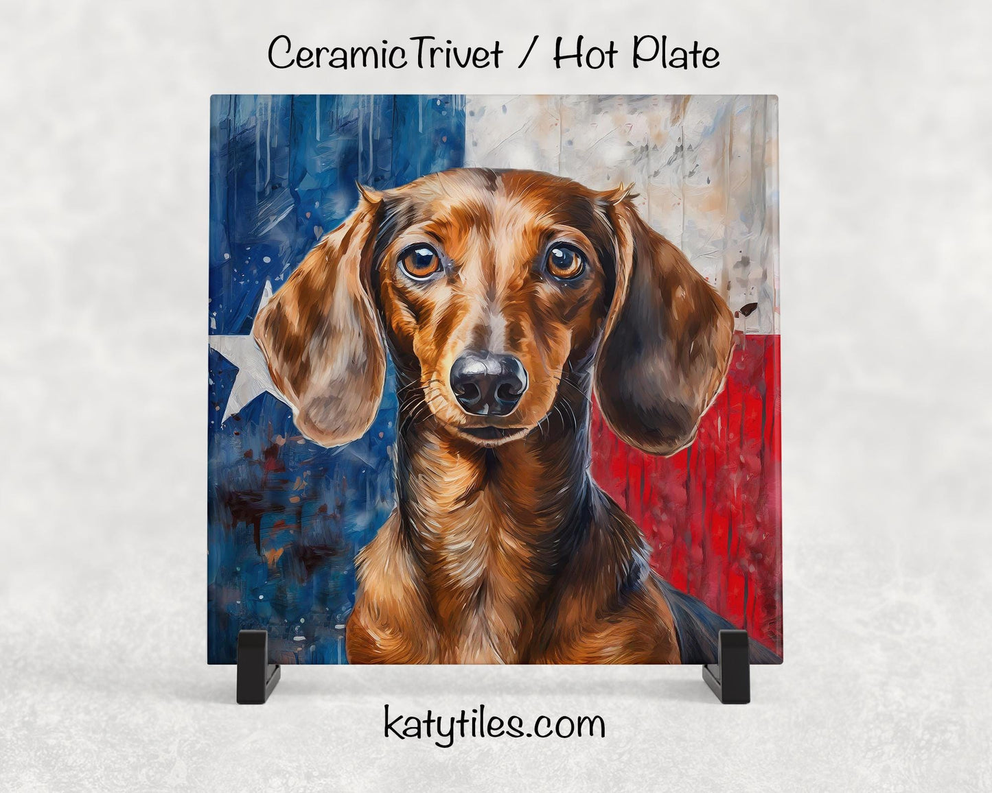 Two Fur Colors! Dachshund with Texas Flag Ceramic Tile Trivet/Coaster– 6x6 Handmade Texas Dog Decor, Gift for Wiener Dog Lovers, Made in USA