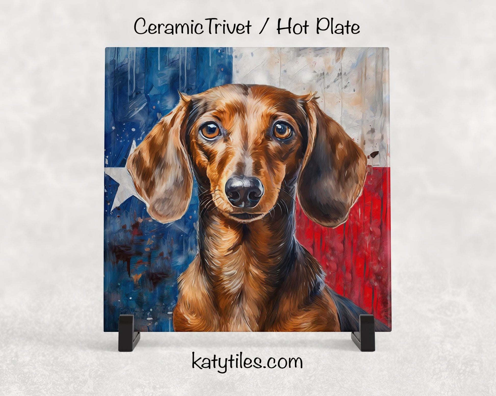 Two Fur Colors! Dachshund with Texas Flag Ceramic Tile Trivet/Coaster– 6x6 Handmade Texas Dog Decor, Gift for Wiener Dog Lovers, Made in USA
