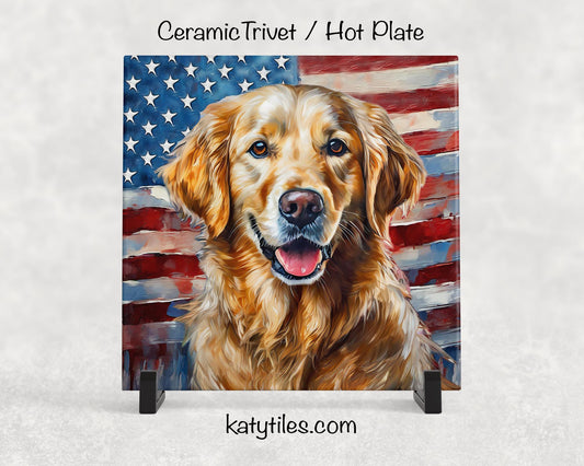 Two Designs! Golden Retriever with American Flag Ceramic Tile Trivet/Coaster–6x6 Handmade Patriotic Dog Decor, Gift for Dog Lovers