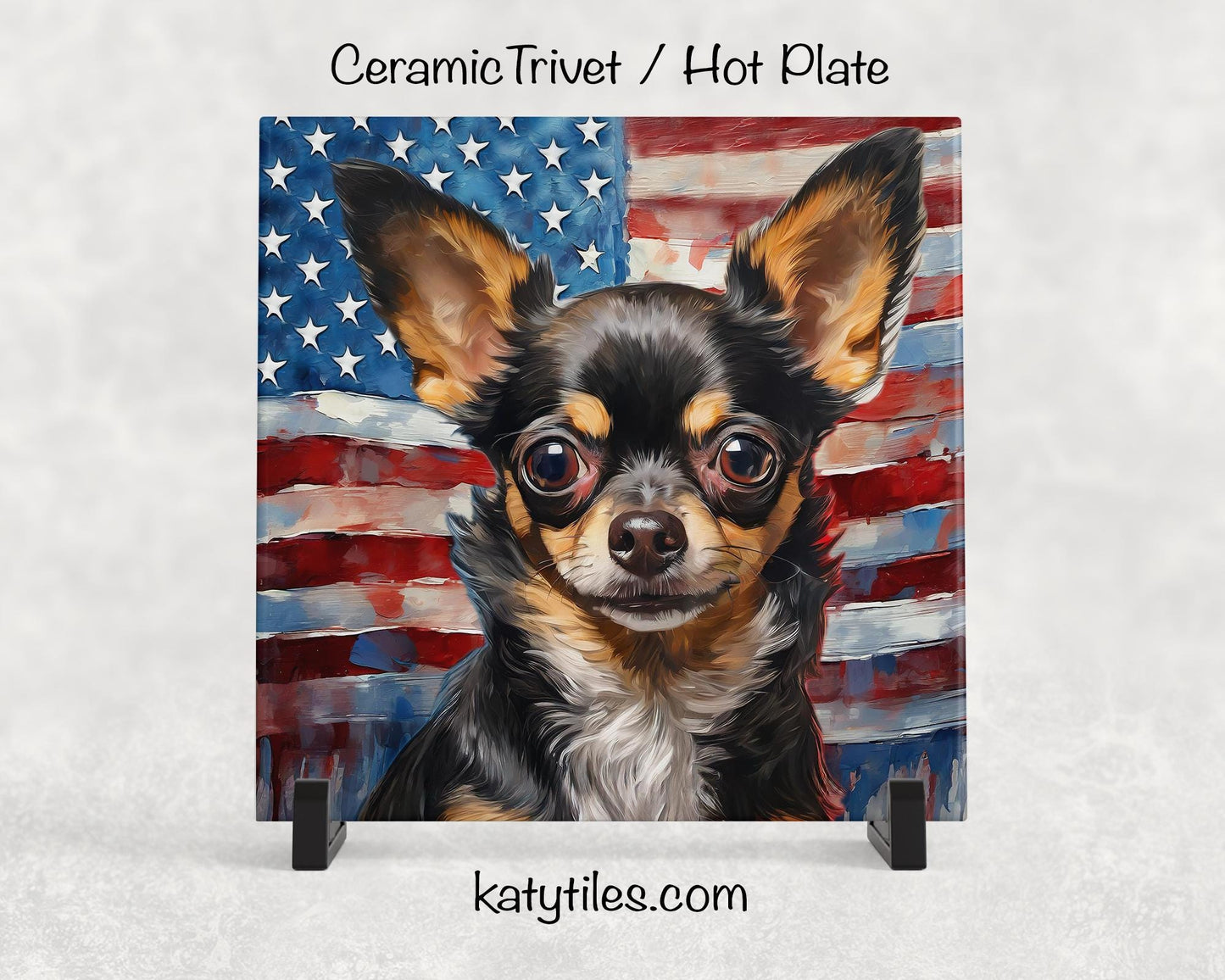 Two Fur Designs! Chihuahua Retriever with American Flag Ceramic Tile Trivet/Coaster–6x6 Handmade Patriotic Dog Decor, Gift for Dog Lovers