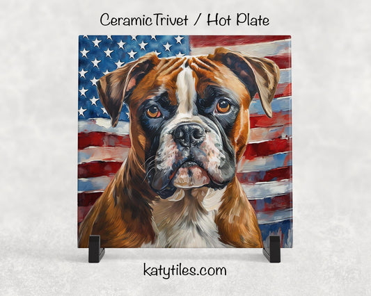 Boxer with American Flag Ceramic Tile Trivet/Coaster – 6x6 Handmade Patriotic Dog Decor, Gift for Dog Lovers, Made in USA
