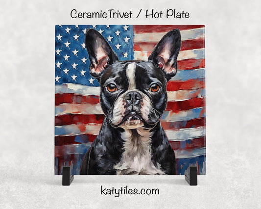 Two Fur Colors! Boston Terrier with American Flag Ceramic Tile Trivet/Coaster–6x6 Handmade Patriotic Dog Decor, Gift for Dog Lovers