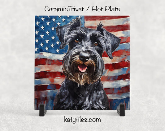 Black Schnauzer with American Flag Ceramic Tile Trivet/Coaster – 6x6 Handmade Patriotic Dog Decor, Gift for Dog Lovers, Made in USA