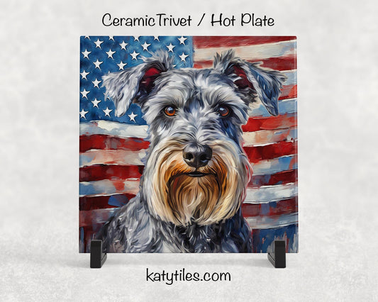 Schnauzer with American Flag Ceramic Tile Trivet/Coaster – 6x6 Handmade Patriotic Dog Decor, Gift for Dog Lovers, Made in USA