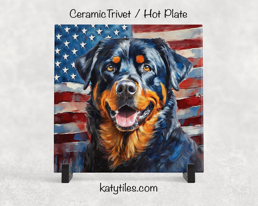 Rottweiler with American Flag Ceramic Tile Trivet/Coaster – 6x6 Handmade Patriotic Dog Decor, Gift for Dog Lovers, Made in USA