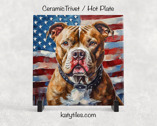 6 Designs! Pit Bull with American Flag Ceramic Tile Trivet/Coaster – 6x6 Handmade Patriotic Dog Decor, Gift for Dog Lovers, Made in USA