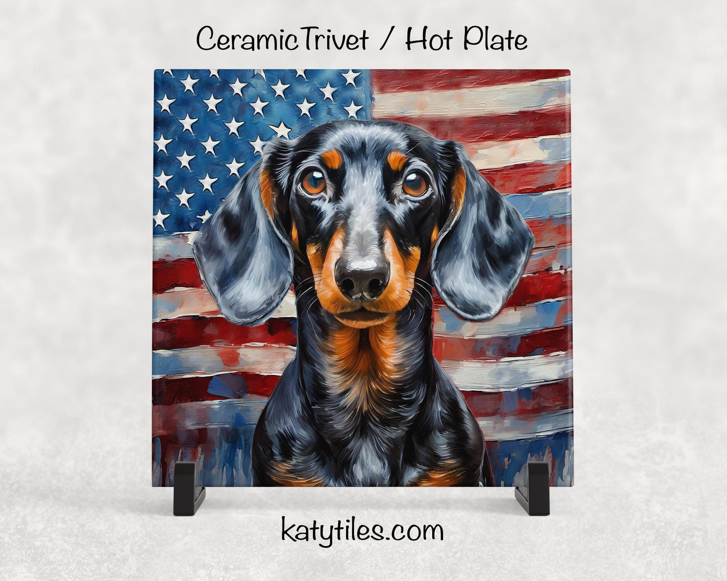 Two Fur Colors! Dachshund with American Flag Ceramic Tile Trivet/Coaster–6x6 Handmade Patriotic Dog Decor, Gift for Dog Lovers, Made in USA
