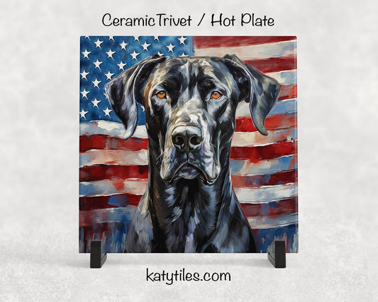2 Designs! Great Dane with American Flag Ceramic Tile Trivet/Coaster–6x6 Handmade Patriotic Dog Decor, Gift for Dog Lovers, Made in USA