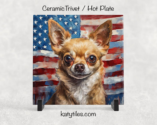 Two Fur Designs! Chihuahua Retriever with American Flag Ceramic Tile Trivet/Coaster–6x6 Handmade Patriotic Dog Decor, Gift for Dog Lovers