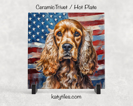 Cocker Spaniel with American Flag Ceramic Tile Trivet/Coaster – 6x6 Handmade Patriotic Dog Decor, Gift for Dog Lovers, Made in USA