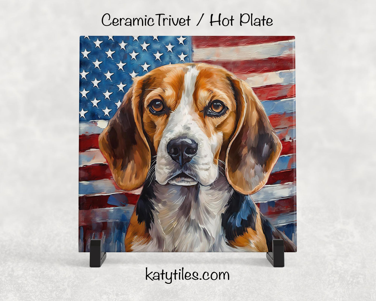 Beagle with American Flag Ceramic Tile Trivet/Coaster – 6x6 Handmade Patriotic Dog Decor, Gift for Dog Lovers, Made in USA