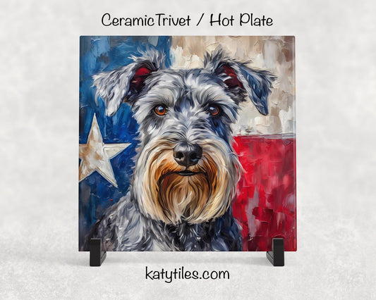 Two Fur Colors! Schnauzer with Texas Flag Ceramic Tile Trivet/Coaster– 6x6 Handmade Texas Dog Decor, Gift for Schnauzer Lovers, Made in USA