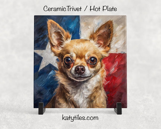 Two Fur Colors! Chihuahua with Texas Flag Ceramic Tile Trivet/Coaster– 6x6 Handmade Texas Dog Decor, Gift for Chihuahua Lovers, Made in USA