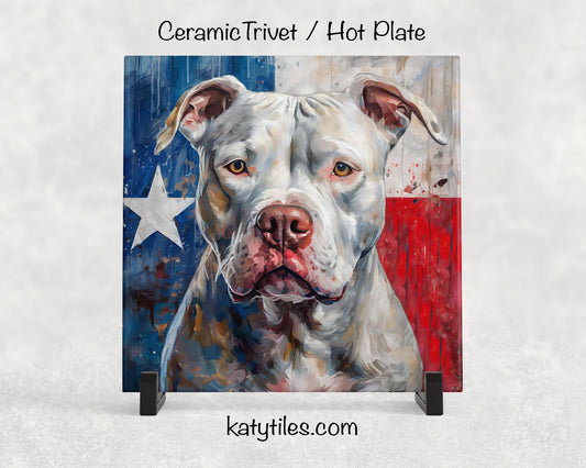Three Fur Colors! Pit Bull with Texas Flag Ceramic Tile Trivet/Coaster– 6x6 Handmade Texas Dog Decor, Gift for Pitty Lovers, Made in Texas