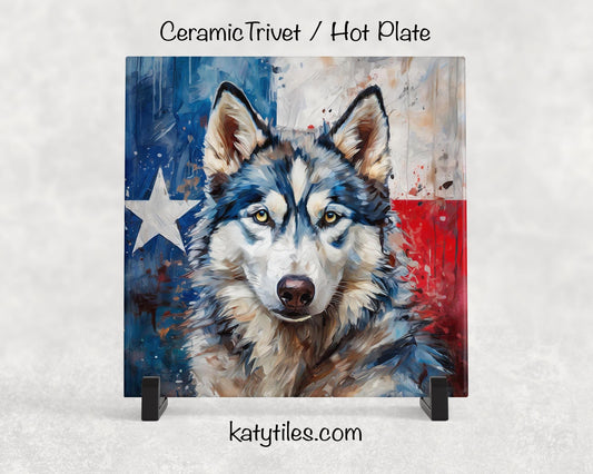Husky with Texas Flag Ceramic Tile Trivet/Coaster– 6x6 Handmade Texas Dog Decor, Gift for Husky Lovers, Made in Texas
