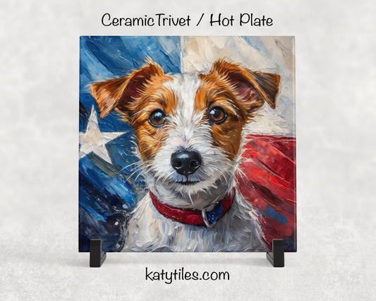 Jack Russell Terrier with Texas Flag Ceramic Tile Trivet/Coaster– 6x6 Handmade Texas Dog Decor, Gift for Jack Russell Lovers, Made in Texas