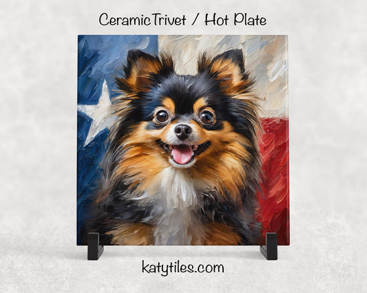 Pomeranian with Texas Flag Ceramic Tile Trivet/Coaster– 6x6 Handmade Texas Dog Decor, Gift for Pomeranian Lovers, Made in Texas