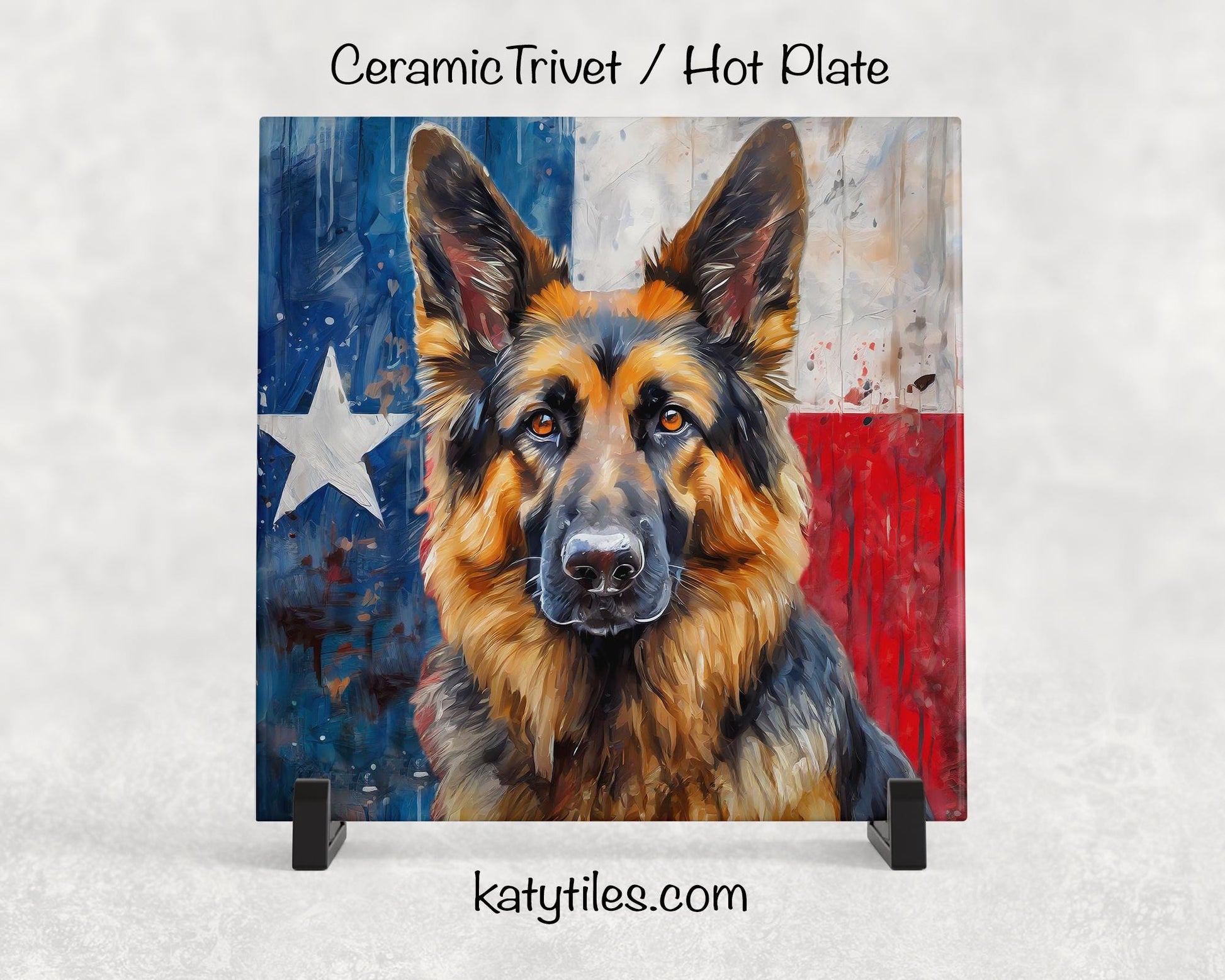 German Shepherd with Texas Flag Ceramic Tile Trivet/Coaster– 6x6 Handmade Texas Dog Decor, Gift for German Shepherd Lovers, Made in Texas
