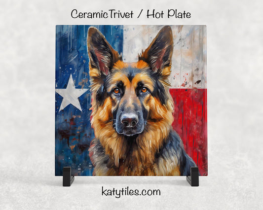 German Shepherd with Texas Flag Ceramic Tile Trivet/Coaster– 6x6 Handmade Texas Dog Decor, Gift for German Shepherd Lovers, Made in Texas