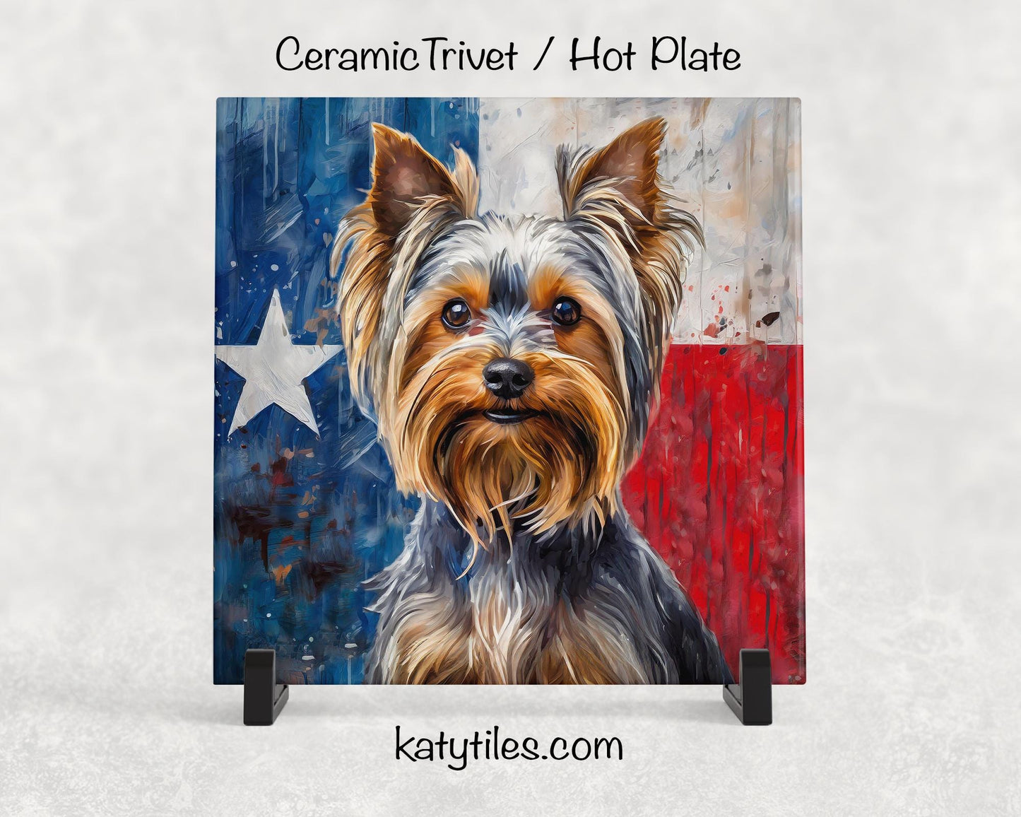Yorkshire Terrier with Texas Flag Ceramic Tile Trivet/Coaster– 6x6 Handmade Texas Dog Decor, Gift for Yorkie Lovers, Made in Texas