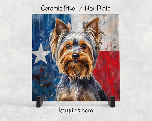 Yorkshire Terrier with Texas Flag Ceramic Tile Trivet/Coaster– 6x6 Handmade Texas Dog Decor, Gift for Yorkie Lovers, Made in Texas