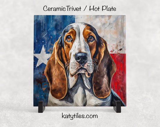 Basset hound with Texas Flag Ceramic Tile Trivet/Coaster– 6x6 Handmade Texas Dog Decor, Gift for Basset hound Lovers, Made in Texas