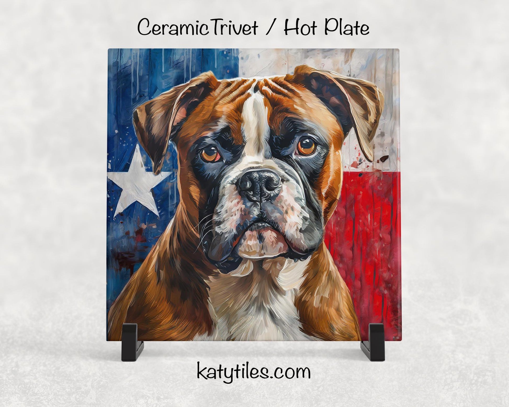 Boxer with Texas Flag Ceramic Tile Trivet/Coaster– 6x6 Handmade Texas Dog Decor, Gift for Boxer Lovers, Made in Texas