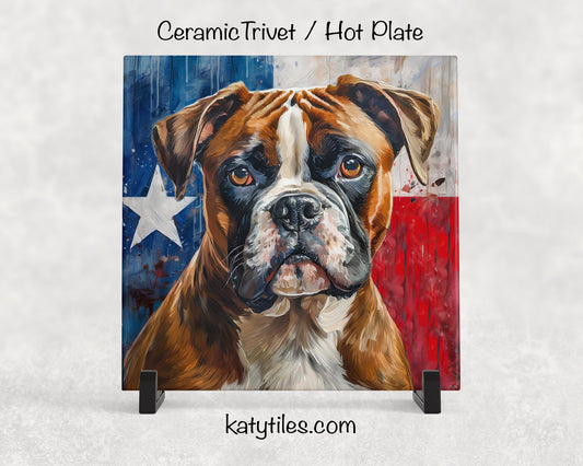 Boxer with Texas Flag Ceramic Tile Trivet/Coaster– 6x6 Handmade Texas Dog Decor, Gift for Boxer Lovers, Made in Texas