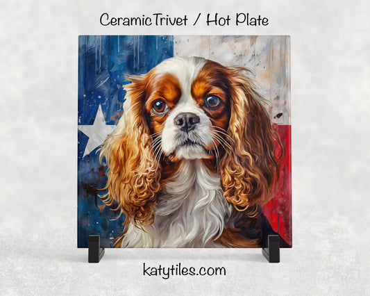 King Charles Spaniel with Texas Flag Ceramic Tile Trivet/Coaster– 6x6 Handmade Texas Dog Decor, Gift for King Charles Lovers, Made in Texas
