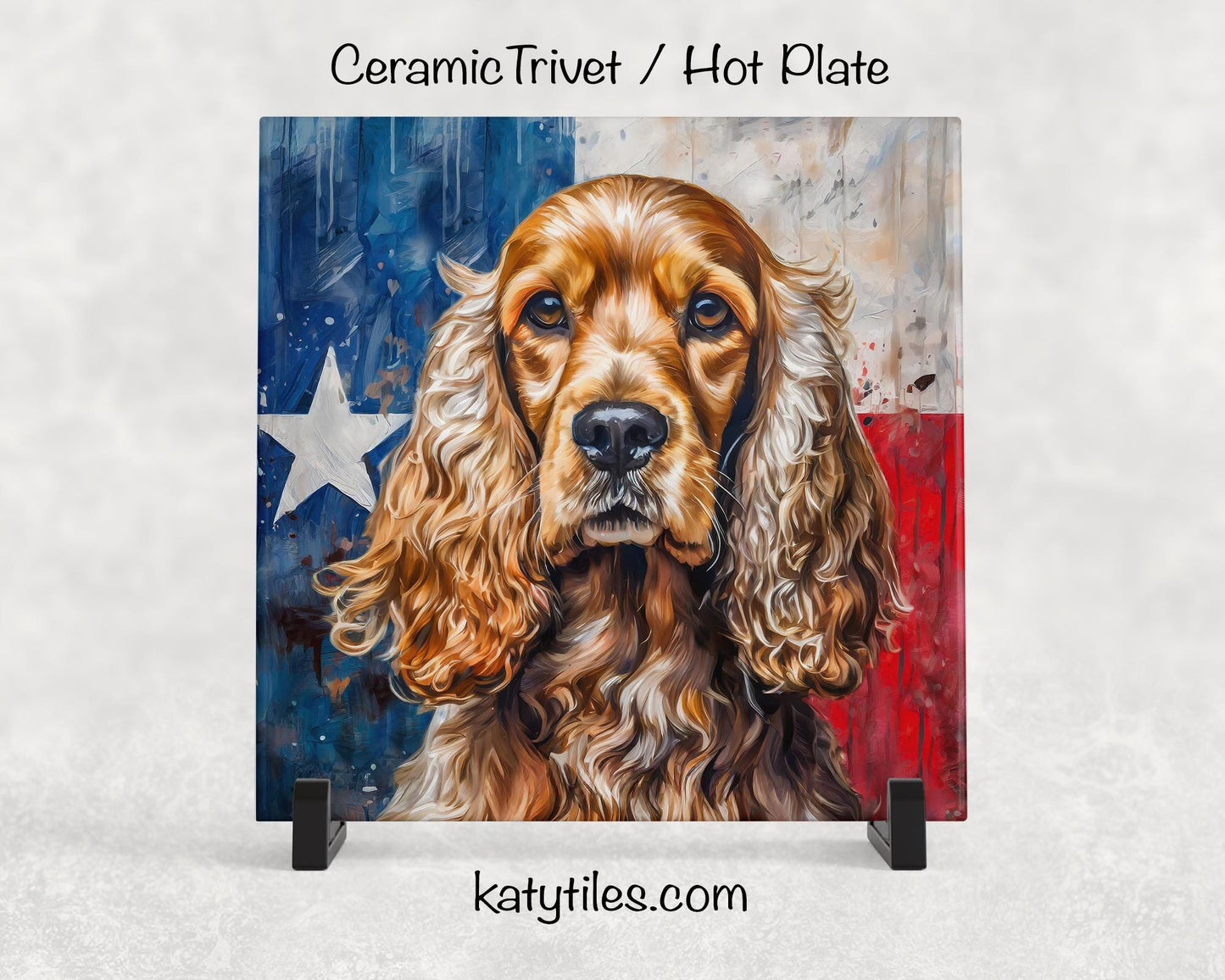 Cocker Spaniel with Texas Flag Ceramic Tile Trivet/Coaster– 6x6 Handmade Texas Dog Decor, Gift for Cocker Spaniel Lovers, Made in Texas