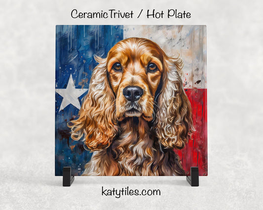 Cocker Spaniel with Texas Flag Ceramic Tile Trivet/Coaster– 6x6 Handmade Texas Dog Decor, Gift for Cocker Spaniel Lovers, Made in Texas