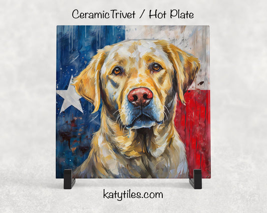 Three Fur Colors! Labrador Retriever with Texas Flag Ceramic Tile Trivet/Coaster– 6x6 Handmade Texas Lab Decor, Gift for Lovers, Made in USA