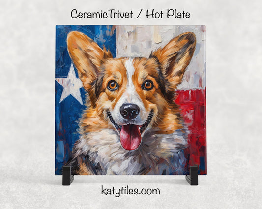 Two Fur Colors! Corgi with Texas Flag Ceramic Tile Trivet/Coaster– 6x6 Handmade Texas Dog Decor, Gift for Corgi Lovers, Made in USA