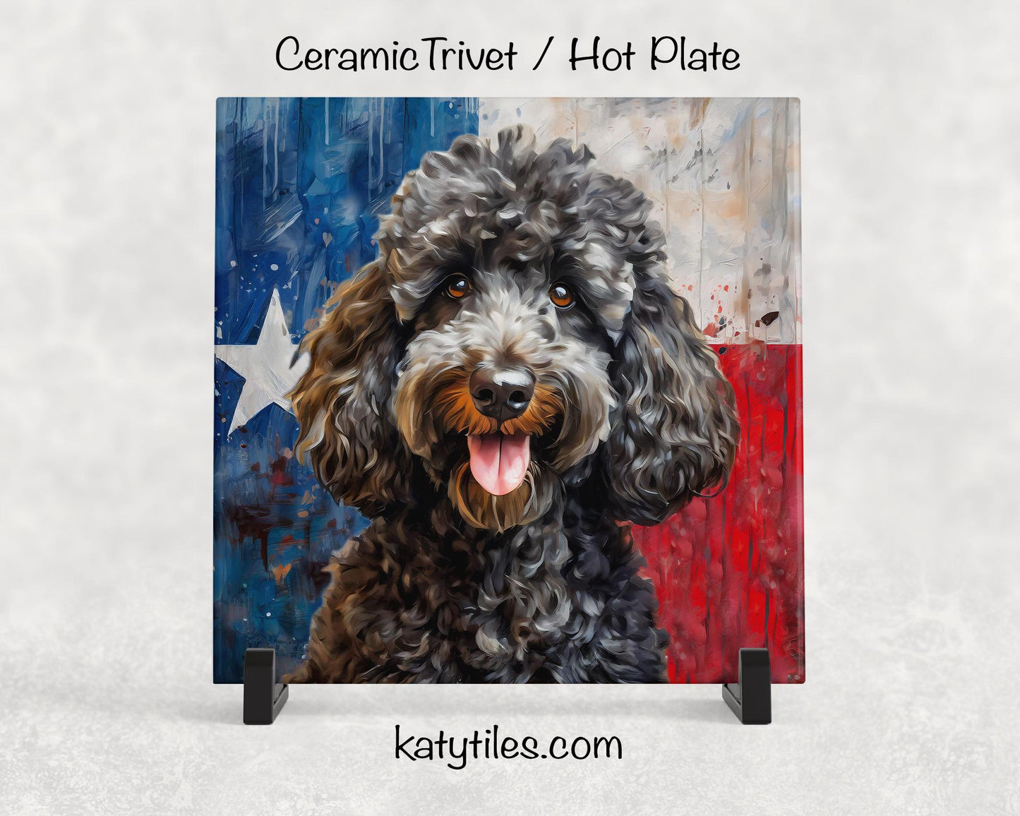 Four Fur Colors! Doodle with Texas Flag Ceramic Tile Trivet/Coaster– 6x6 Handmade Texas Dog Decor, Gift for Doddle Lovers, Made in Texas