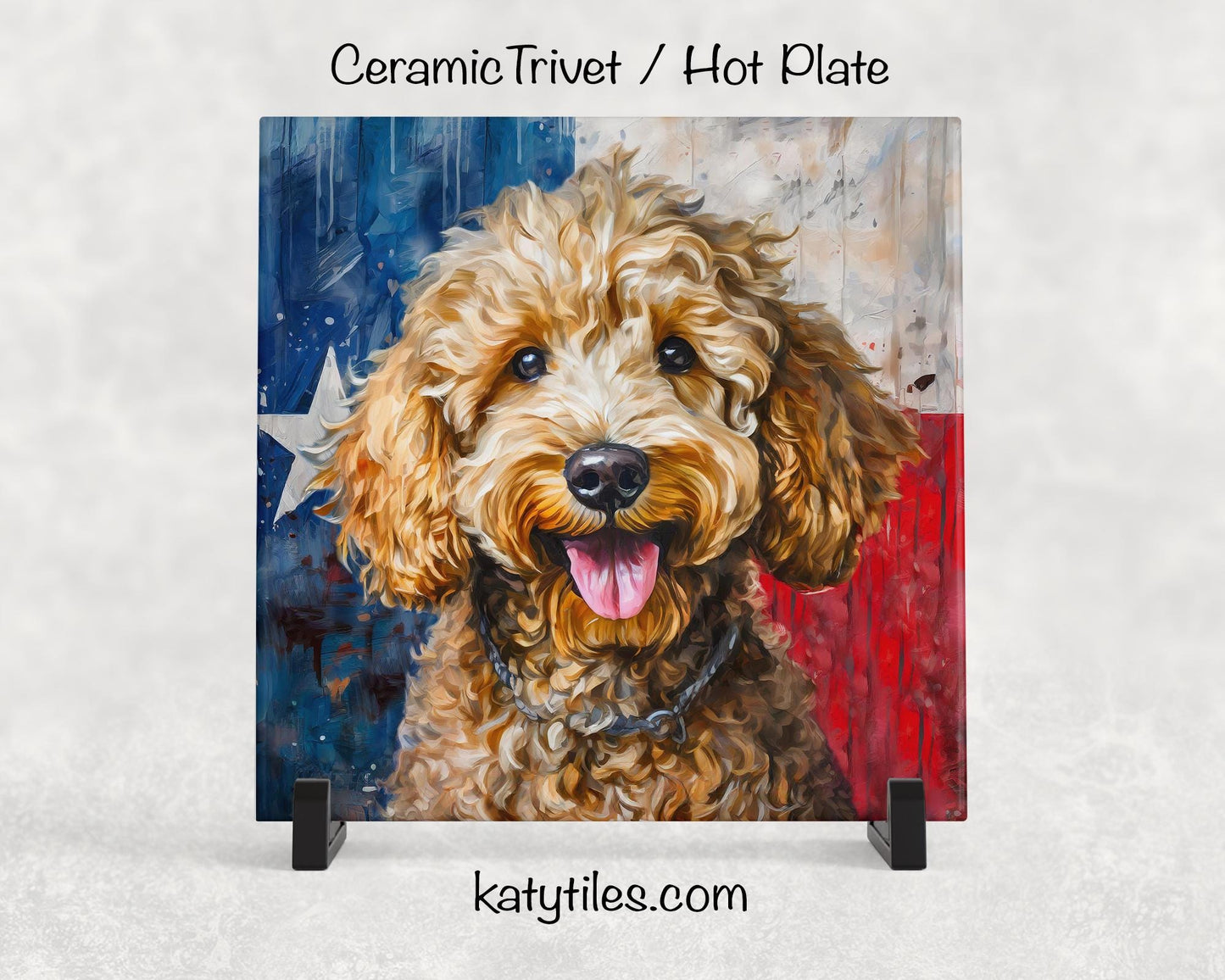 Four Fur Colors! Doodle with Texas Flag Ceramic Tile Trivet/Coaster– 6x6 Handmade Texas Dog Decor, Gift for Doddle Lovers, Made in Texas