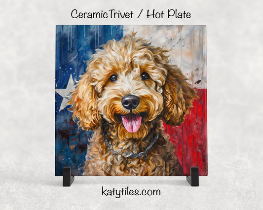Four Fur Colors! Doodle with Texas Flag Ceramic Tile Trivet/Coaster– 6x6 Handmade Texas Dog Decor, Gift for Doddle Lovers, Made in Texas