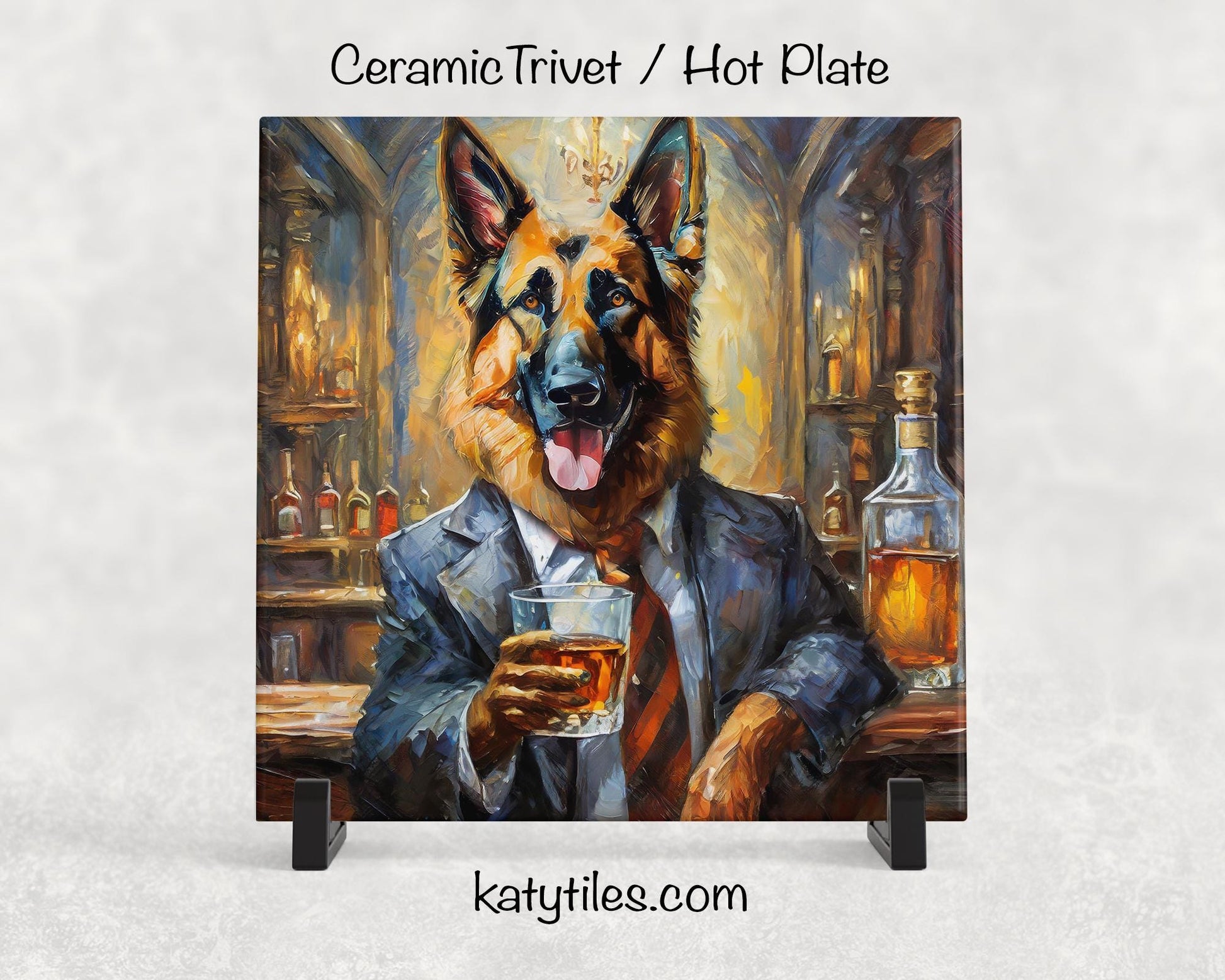 German Shepherd in a Suit Drinking Whiskey Ceramic Tile Trivet/Coaster – 6x6 Handmade Funny Dog Decor, Gift for Dog Lovers, Made in USA